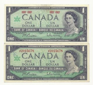 2 X 1967 Canada Centennial One Dollar Bank Notes