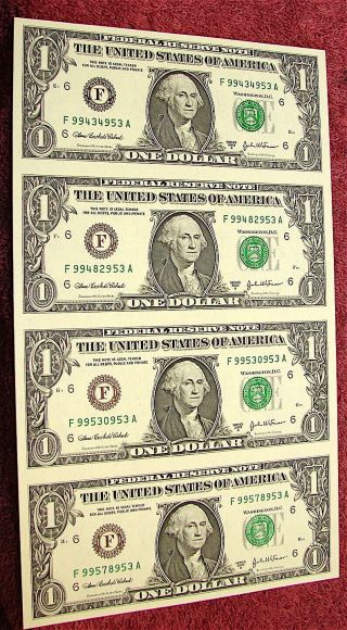 Series 2003 - A - - - $1 Dollar Uncut Sheet Of Four (4) Notes
