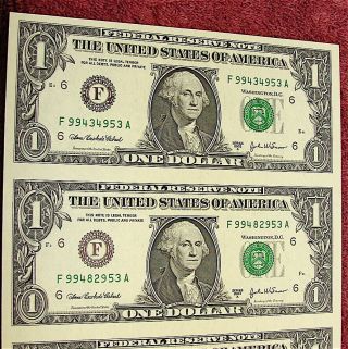 Series 2003 - A - - - $1 Dollar Uncut Sheet of Four (4) Notes 2