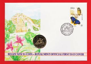 BRITISH HONDURAS BELIZE 1 $1 DOLLAR 1990 BU COVER SHIP COIN STAMP BUTTERFLY FDC 3