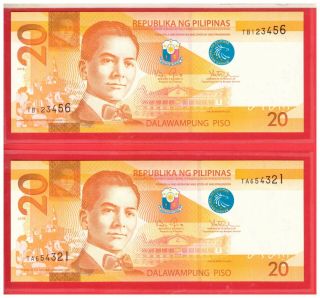 2014 Philippines 20 Peso Ngc Aquino Tetangco Ladder Tb123456 & Ta654321 Unc