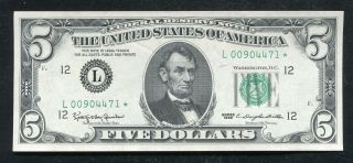 Fr.  1967 - L 1963 $5 Star Frn Federal Reserve Note San Francisco,  Ca About Unc