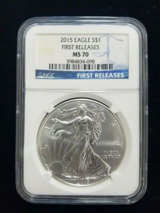 2015 $1 American Silver Eagle Ngc - Ms70 Early Releases Blue Label 1 Oz.  999