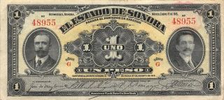 México / Sonora 1 Peso 1.  1.  1915 Series G Circulated Banknote Mxred