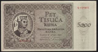 1943 Croatia 5000 Kuna Wwii Ndh Money Banknote German Nazi Occupation P 14 Unc