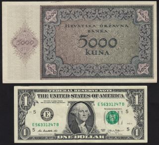 1943 Croatia 5000 Kuna WWII NDH Money Banknote German Nazi Occupation P 14 UNC 2