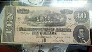 Civil War 1864 Confederate States Of America $10 Note T - 68 (series 9)