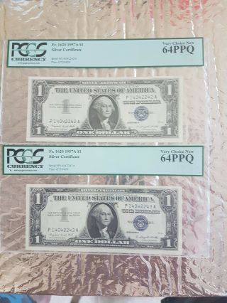 (2) 1957a $1 Pcgs 64ppq Very Choice Fine Pa Block Silver Certificates.