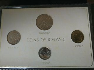 Coin Set Of Iceland W/card All Kronur 1975,  1,  5,  10,  And 50.  Well Preserved