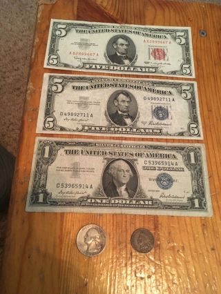 1963 $5 Red Note,  1953a $5 Silver Cert. ,  1957 $1 Silver Cert.  And Us Coins