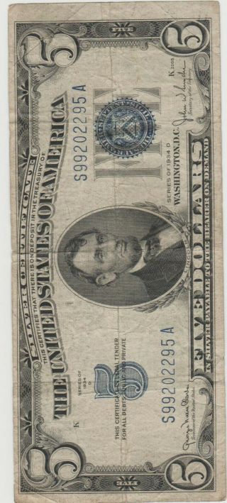 1934 - D $5 Five Dollar Silver Certificate Blue Seal Note 2