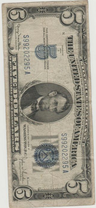 1934 - D $5 Five Dollar Silver Certificate Blue Seal Note 3