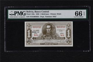 1928 Bolivia Banco Central 1 Boliviano Pick 128c Pmg 66 Epq Gem Unc