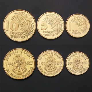 Guinea Set 3 Coins,  1,  5,  10 Francs Guineens,  1985,  Unc