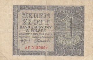 1941 Poland 1 Zloty Note,  Pick 99