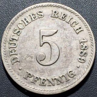 Old Foreign World Coin: 1889 - F Germany 5 Pfennig 2