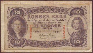 Norway 10 Kroner 1941 Prefix A