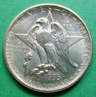1935 Texas Independence Centennial Commemorative Silver Half Dollar.  Au Detail
