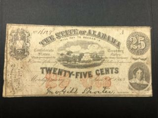 1863 25 Twenty Five Cents The State Of Alabama Montgomery,  Al Obsolete Scrip