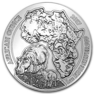 Rwanda 50 Rwf African Wildlife Hippo 2017 1 Oz.  999 Silver Coin