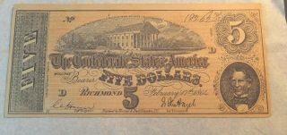Vintage The Confederate States America Five Dollars Richmond Feb.  17,  1864
