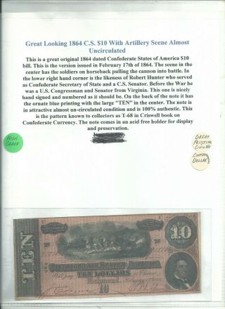 1864 $10 Dollar Confederate States Of America (richmond,  Va) Artillery Scene.