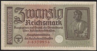 1940 - 1945 20 Reichsmark Germany Nazi Wwii Banknote Swastika 3 Reich P R139 Xf