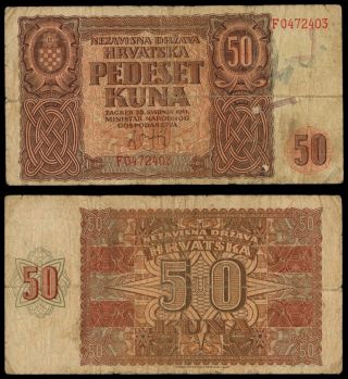 Fe.  009} Croatia 50 Kuna 1941 / Ustasa Wwii Germany Italy Ally / F,