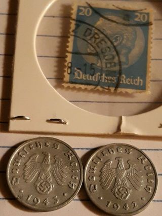 2 Nazi Germany Third Reich 1 Pfenning,  Nazi Coin,  Ww2,  World War Two,  Stamp,  Old