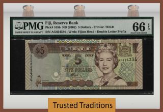 Tt Pk 105b Nd (2002) Fiji Reserve Bank 5 Dollars Pmg 66 Epq Gem Uncirculated