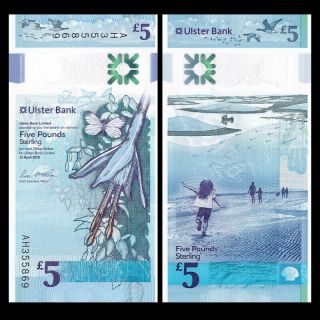 Northern Ireland Ulster Bank 5 Pounds,  2018 (2019),  P -,  Polymer,  Unc