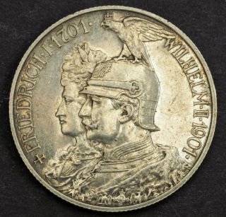 1901,  Prussia,  Wilhelm Ii.  Silver 2 Mark " 200th Anniv.  Of The Kingdom " Coin.  Xf -
