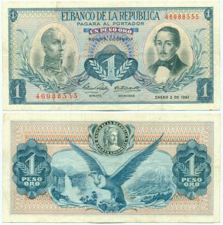 Colombia Note 1 Peso Oro 1961 P 404b Vf