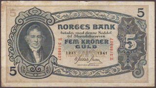 Norway 5 Kroner 1941 Prefix T