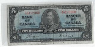 1937 Five Dollar Bank Note From Canada Coyne/towers