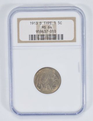 Ms64 1913 - D Buffalo Indian Nickel - Type 1 - Ngc Graded 9254