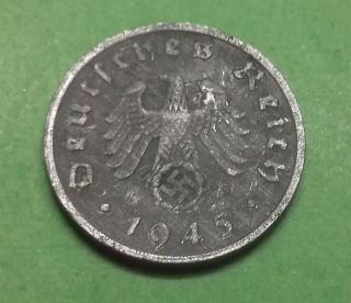 Reichspfennig 1945 A.  Nazi German Rare Coin.  Swastika.  B2915