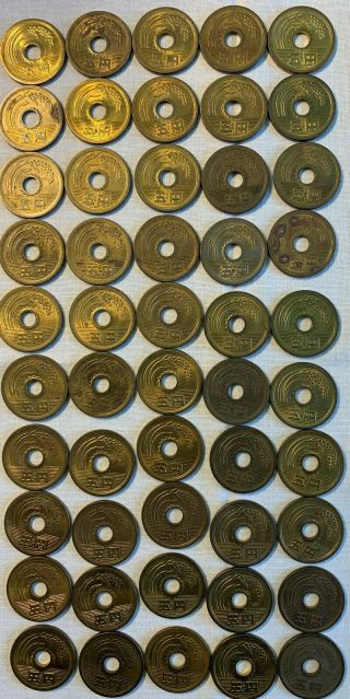 Japan 5 Yen Year 50 – 54 (1975 – 1979) Y 72a – Circulated Roll Of 50 Coins