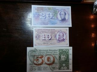 3 Diff Swiss Bank Notes Switzerland 10 - 20 - 50 Francs 1961,  74,  77 Au - Unc Crisp