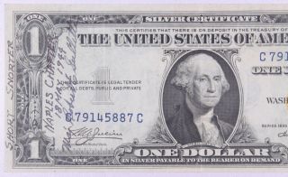 Series 1935 A Usa $1 One Dollar Silver Certificate Wwii Short Snorter Note Y20