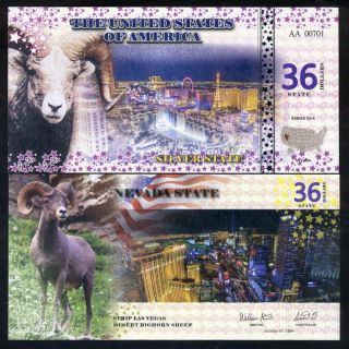 State Of Nevada - 36 State Dollars,  2016,  Unc - Vegas Strip,  Bighorn Sheep