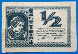 Yugoslavia,  Slovenia,  Province Of Ljubljana City Money,  1/2 Lire 1944,  Wwii,  Vf