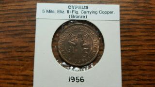 Cyprus 1956 5 Mils Queen Elizabeth Ii Uncirculated Coin