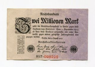 Old Germany 2 Million Mark Reichsbank Note German Inflation Money Date 1923