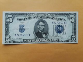 1934 - D $5 Five Dollars Blue Seal Silver Certificate About Cu
