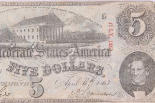 Series 1863 Confederate States Of America Richmond Virginia $5 Bank Note Y7