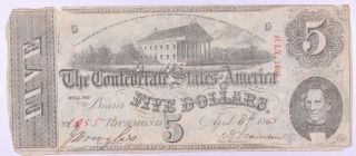 Series 1863 Confederate States of America Richmond Virginia $5 Bank Note Y7 2