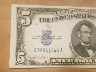 1934 D $5 Silver Certificate 5 Dollar Bill note FR 1654 Q - A Block EXTRA FINE EF 3