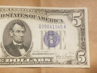 1934 D $5 Silver Certificate 5 Dollar Bill note FR 1654 Q - A Block EXTRA FINE EF 4
