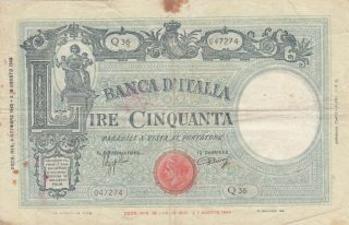 50 Lire Fine Banknote From Italy 1943 Pick - 64